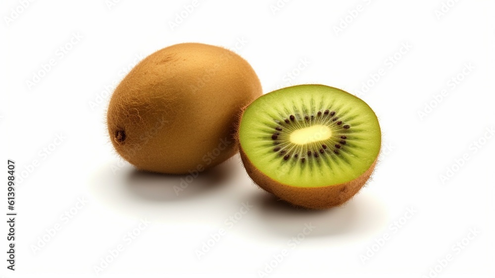 Ripe whole kiwi fruit and half kiwi fruit isolated on white background, Kiwi isolated into white background Ripe whole kiwi fruit and half kiwi fruit isolated on white background, Kiwi isolated into white background