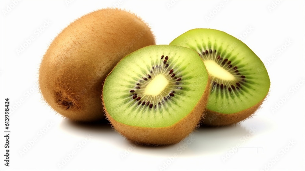 Ripe whole kiwi fruit and half kiwi fruit isolated on white background, Kiwi isolated into white background Ripe whole kiwi fruit and half kiwi fruit isolated on white background, Kiwi isolated into white background