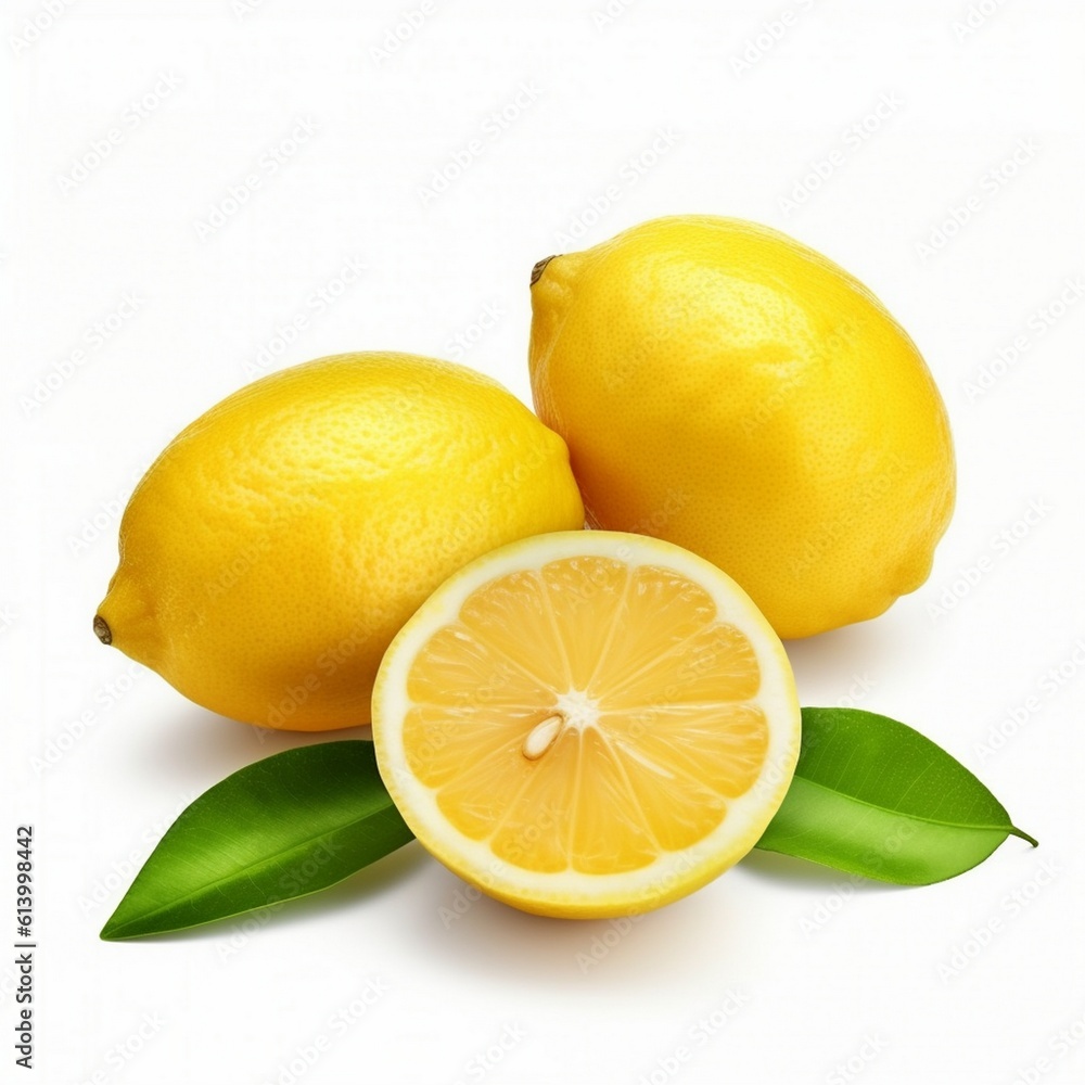 Lemon is isolated on white background. Lemon fruit whole and a half with leaves. Side view on white Lemon is isolated on white background. Lemon fruit whole and a half with leaves. Side view on white
