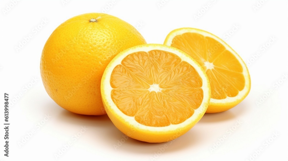 Lemon is isolated on white background. Lemon fruit whole and a half with leaves. Side view on white Lemon is isolated on white background. Lemon fruit whole and a half with leaves. Side view on white