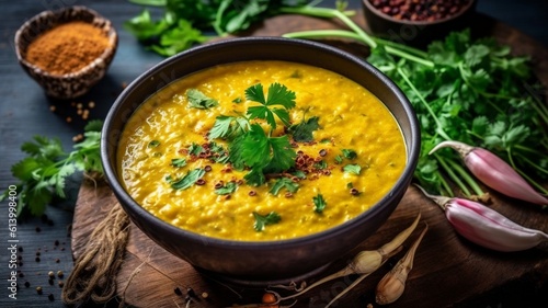 Indian dal food. Traditional Indian soup lentils. Indian Dhal spicy curry in a bowl, Delicious Dal Tadka recipe wooden background photo