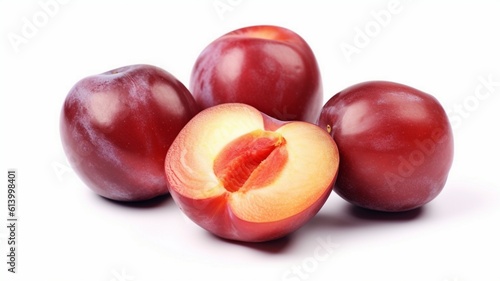 Juicy red Plum fruits cut in half and green leaves isolated on white background, Plum fruits isolated 