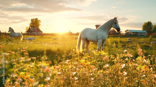 animals on wild field at sunset ,dog and cows on summer floral field, daisies and sunflowers on the field, wooden cabin on the horizon, blue sky, sunny summer day in the village,generated ai