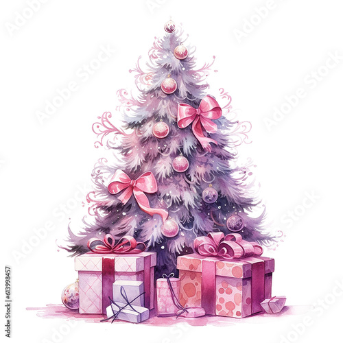 Watercolor Christmas Tree with Gifts. Illustration AI Generative.