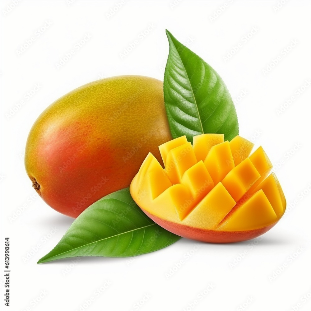 fresh mango with leaves isolated into the white background, Fresh mango with leaves on white background fresh mango with leaves isolated into the white background, Fresh mango with leaves on white background