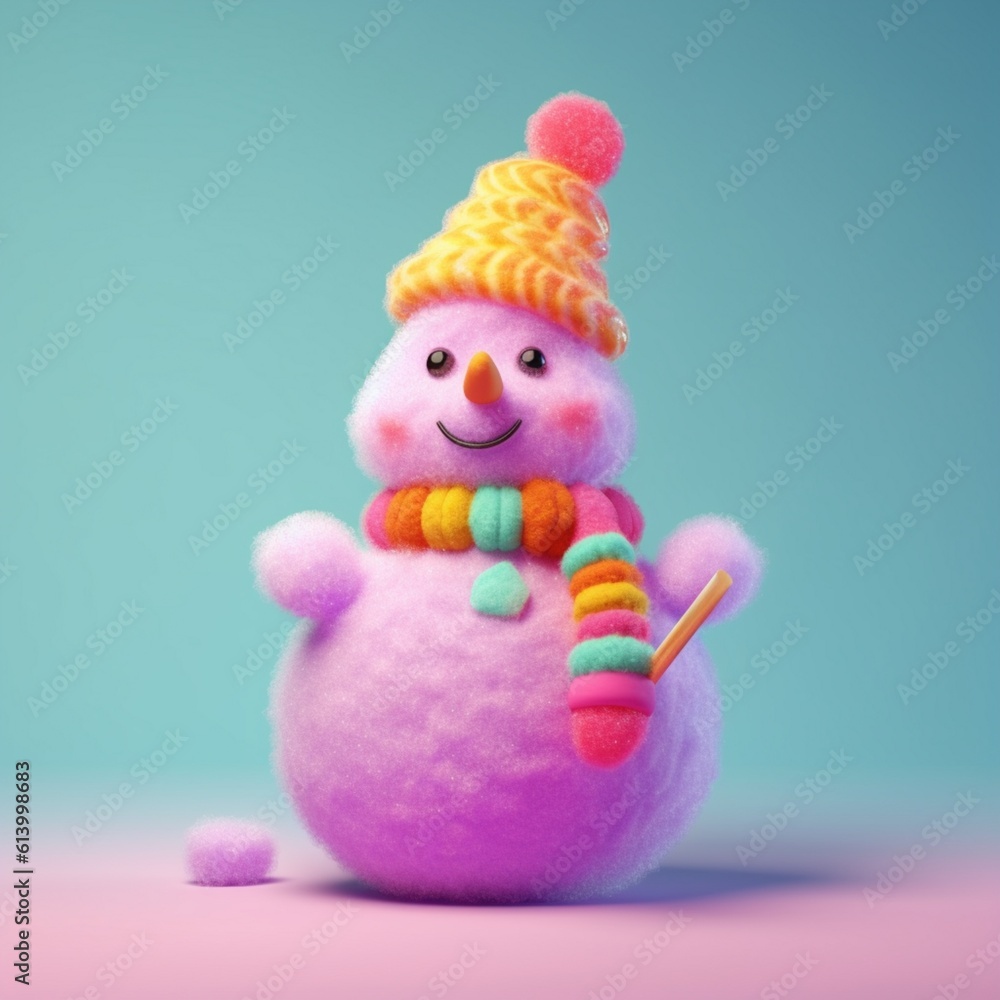 A cute lilac snowman wearing a colorful winter wool hat and a scarf against pastel blue background. Surreal minimal concept for Christmas or New Year celebration card. Illustration. Generative AI