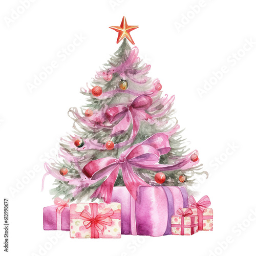 Watercolor Christmas Tree with Gifts. Illustration AI Generative.