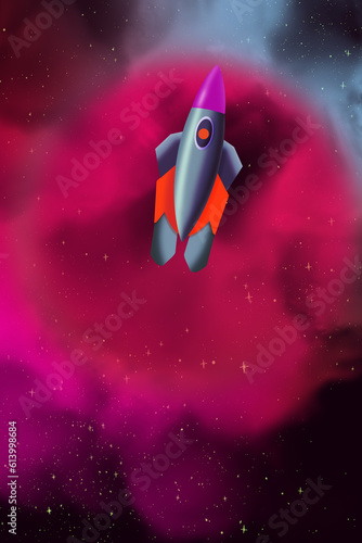 Cartoon Rocket in space. The flight of a spaceship against red glowing cloud of nebulas in cosmos. Outer space illustration.