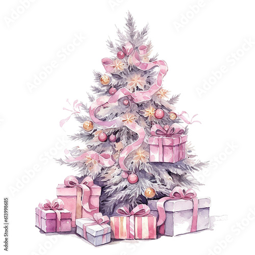 Watercolor Christmas Tree with Gifts. Illustration AI Generative.