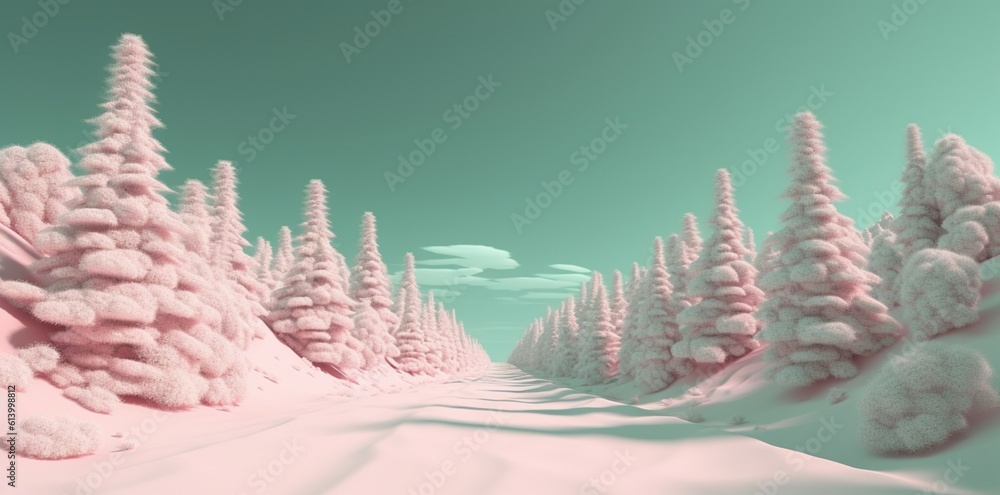 Horizontal winter scenery with pastel pink snow and snowy Christmas trees and blue green sky in the background. Surreal Holidays concept for banner or wallpaper. Illustration. Generative AI