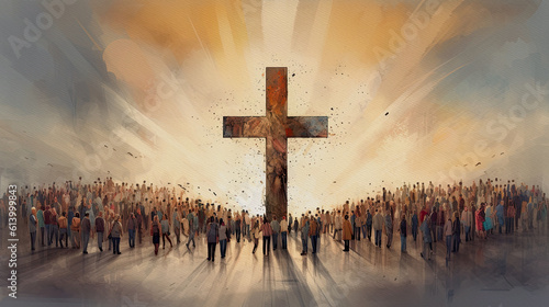 Foto Many people around the cross, christian concept, modern painting, generative ai