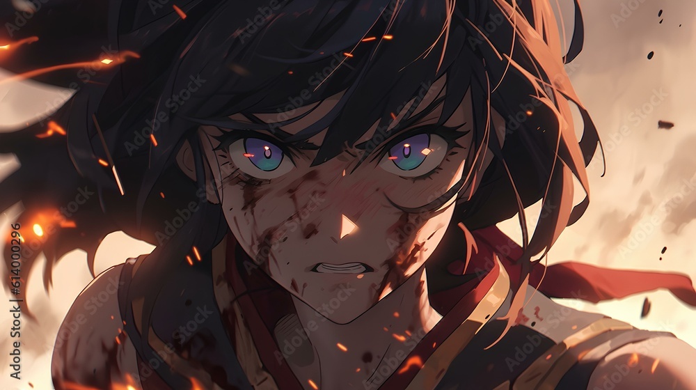 Fototapeta premium the strongest female warrior who fights persistently despite major injuries, japanese anime style illustration. generative AI