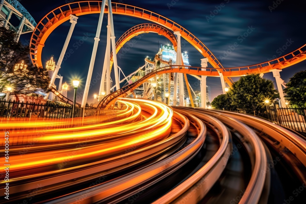 The exhilaration and thrill of a roller coaster ride at an amusement park. Generative AI