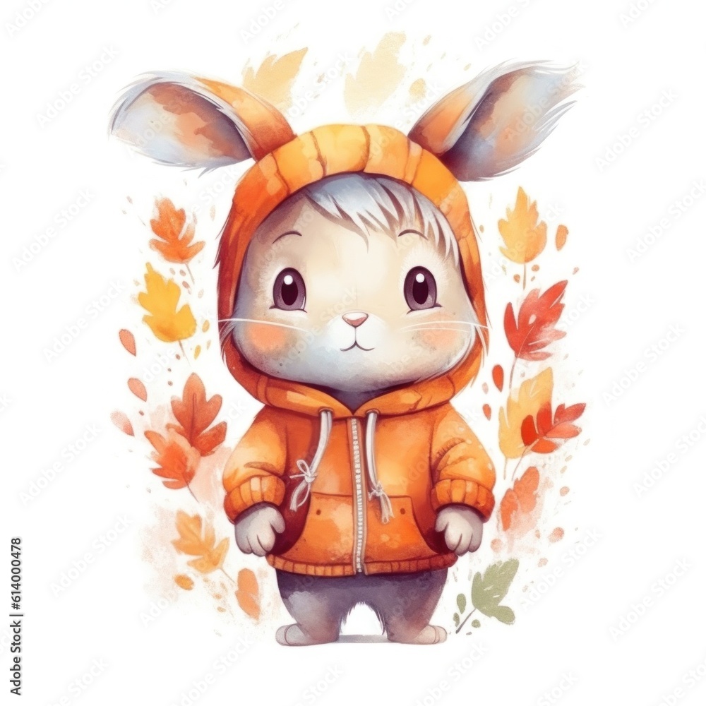 Cute watercolor baby autumn bunny isolated. Illustration AI Generative.