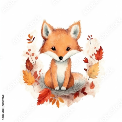 Cute watercolor baby autumn fox isolated. Illustration AI Generative.