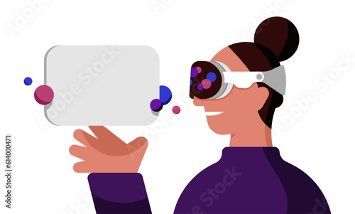 woman wearing vision pro VR headset vector illustration. Person using virtual reality goggles glasses. Isolated no background