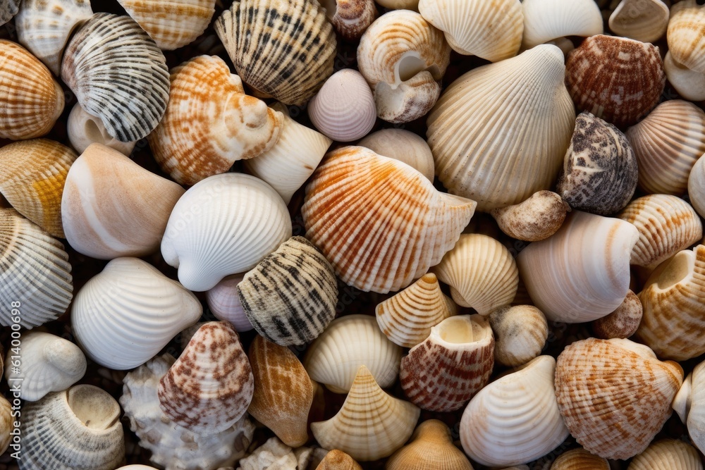 The serenity of a coastal landscape in a close - up shot of seashells scattered along the shore. Generative AI