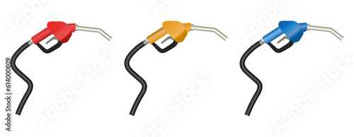 Fuel nozzle or fuelling gun vector illustration. Automobiles gas hose, autofilling refueler, car fuel refuelling gun, benzine services, petrol station pump, gasoline fueling.