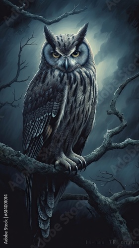 Great horned owl in the forest. AI generated art illustration.