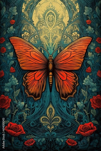 Butterfly on the wall. AI generated art illustration.