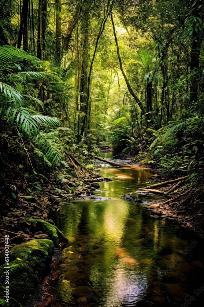 Waterfall in the forest. AI generated art illustration. Waterfall in the forest. AI generated art illustration.