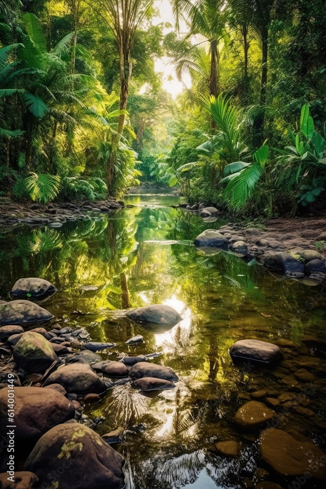 Waterfall in the forest. AI generated art illustration. Waterfall in the forest. AI generated art illustration.
