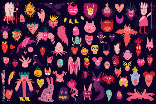 Vibrant bright Strange ugly Halloween characters. Funky bizarre comic characters in modern flat hand drawn style