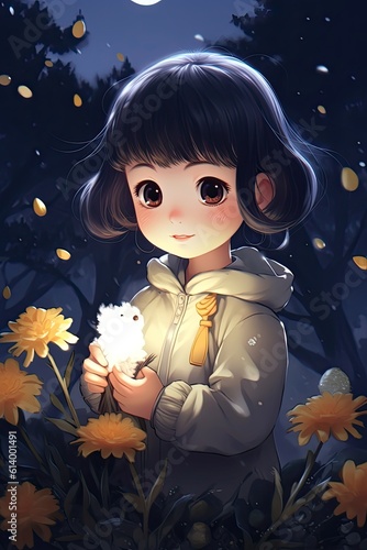 Little girl with a toy. AI generated art illustration.