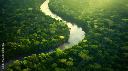 Aerial view of the Amazonas jungle landscape with river bend © Prasanth