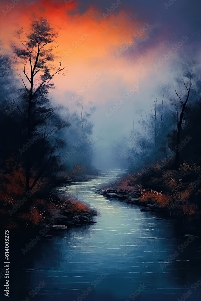 Fototapeta premium Sunset in the forest. AI generated art illustration.