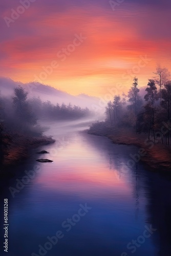 Sunset in the forest. AI generated art illustration. © Дима Пучков