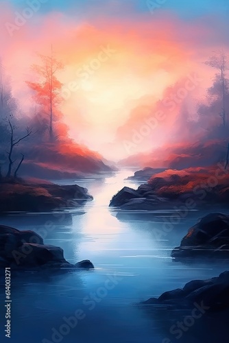 Sunset in the forest. AI generated art illustration.