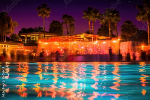 The vibrant atmosphere of a poolside party illuminated by colorful lights in a dynamic photo. Generative AI