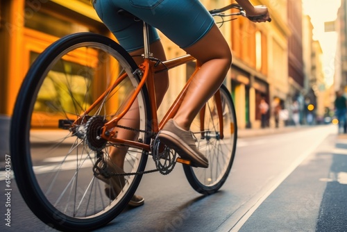 The vibrant energy and urban vibe of a young woman cycling through a bustling city street with a close - up shot of her legs and the pedals. Generative AI
