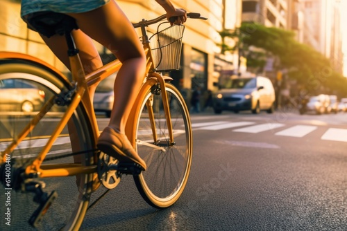 The vibrant energy and urban vibe of a young woman cycling through a bustling city street with a close - up shot of her legs and the pedals. Generative AI © Mustafa