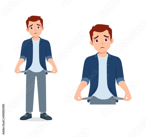 man broke and show empty pocket in his pant