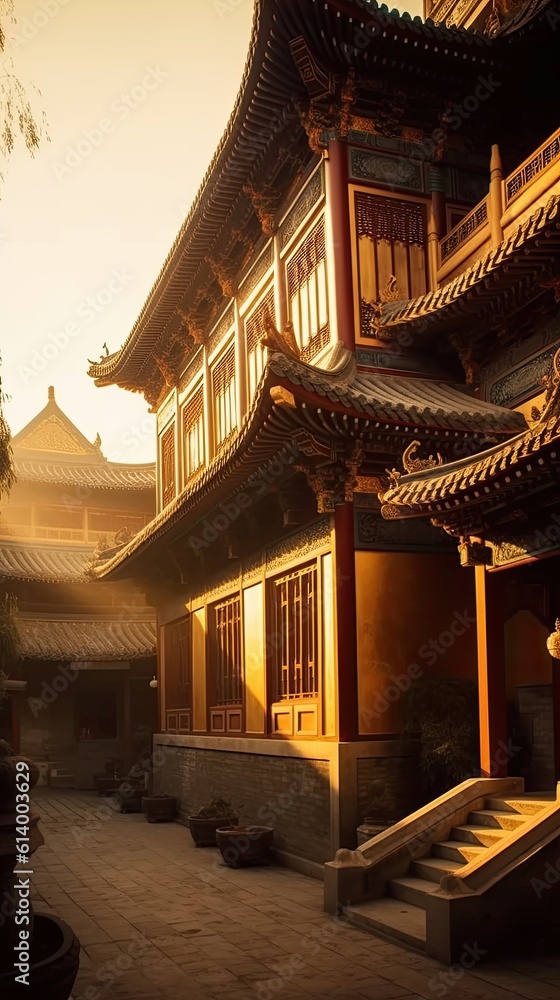 Obraz premium Chinese temple at night. AI generated art illustration.