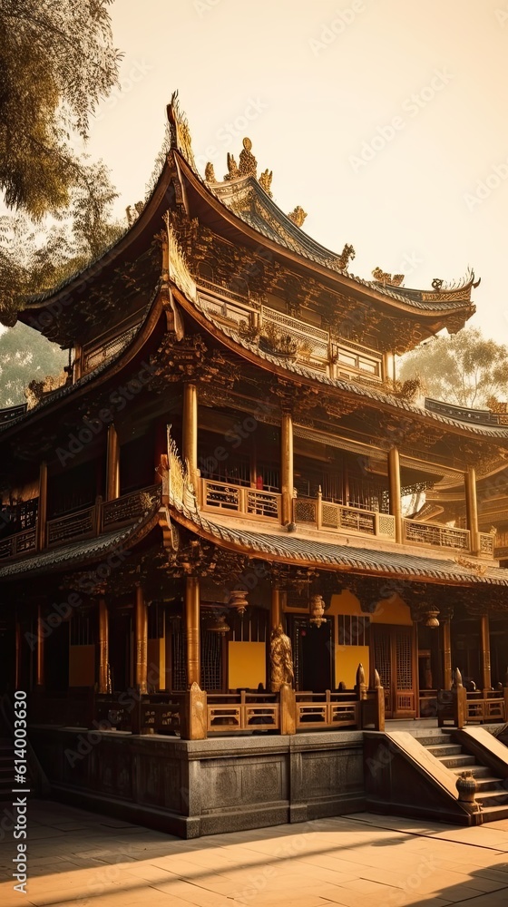 Fototapeta premium Chinese temple at night. AI generated art illustration.