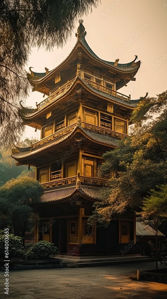 Chinese temple at night. AI generated art illustration.