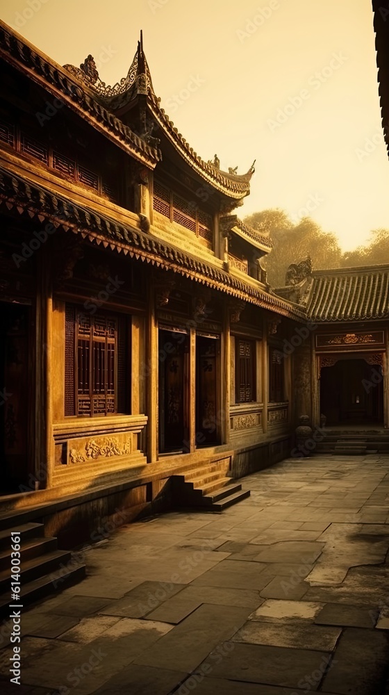 Chinese temple at night. AI generated art illustration. Chinese temple at night. AI generated art illustration.
