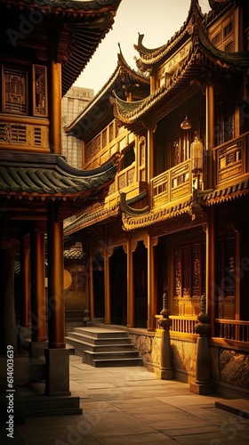 Chinese temple at night. AI generated art illustration.
