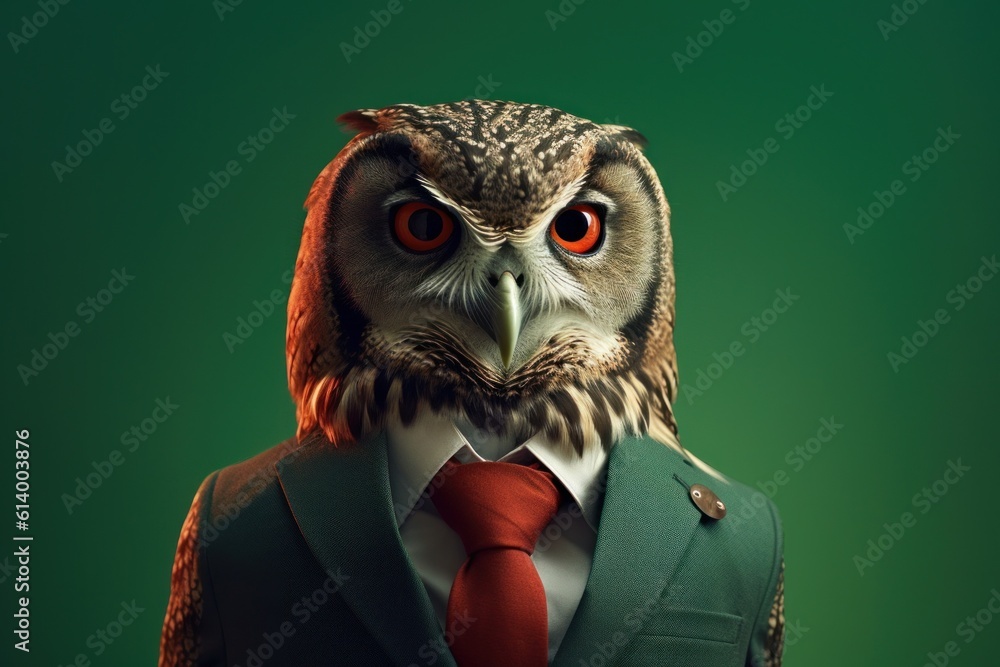 Anthropomorphic owl dressed in a suit like a businessman. Business Concept. AI generated, human enhanced Anthropomorphic owl dressed in a suit like a businessman. Business Concept. AI generated, human enhanced