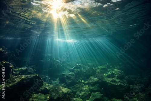 Transparent water, underwater sea background. Mockup or backdrop with sunbeams under water. AI generated, human enhanced