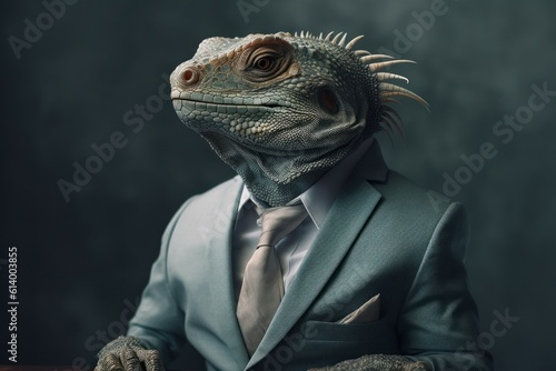 Anthropomorphic iguana dressed in a suit like a businessman. Business Concept. AI generated, human enhanced