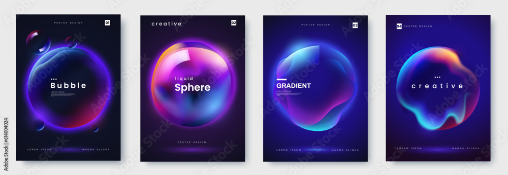 Poster collection with abstract colorful gradient sphere. Glowing vibrant liquid gradient shape on dark background. Design template for flyer, social media, banner, placard. Vector illustration - obrazy, fototapety, plakaty 