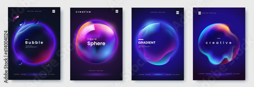 Poster collection with abstract colorful gradient sphere. Glowing vibrant liquid gradient shape on dark background. Design template for flyer, social media, banner, placard. Vector illustration © alexandertrou