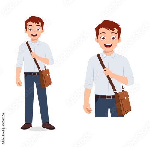 man standing holding bag and ready to go to work