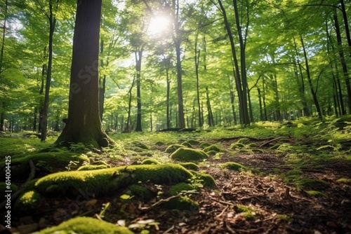 The serenity of a tranquil forest scene from a low angle perspective. Generative AI