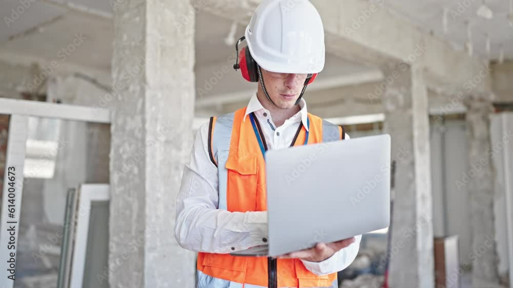 Young caucasian man architect standing with relaxed expression using laptop at construction site
