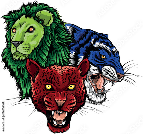 Wild Animals Heads Set. Lion  Tiger  Jaguar  Vector Mascot Logo Design